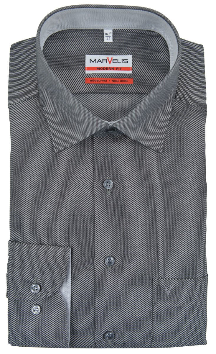Marvelis Herren Businesshemd Non-Iron Modern Fit, Langarm, Kent-Kragen, Struktur, 100% Baumwolle, schwarz 68, 46