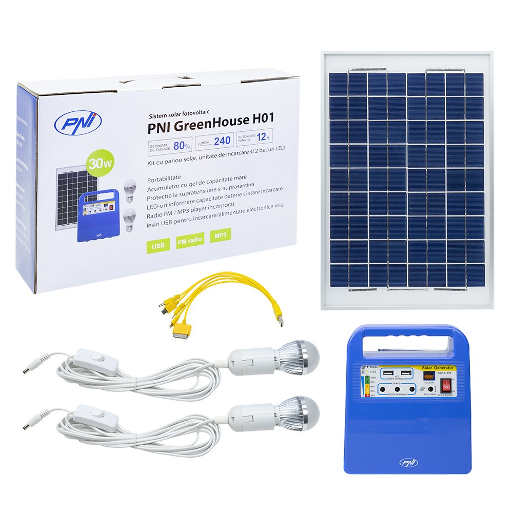 Solarpanel Tragbarer Solarstrom-Stromerzeuger PNI GreenHouse H01 30W mit 12V / 7Ah Batterie, USB/Radio / MP3, 2 LED-Lampen