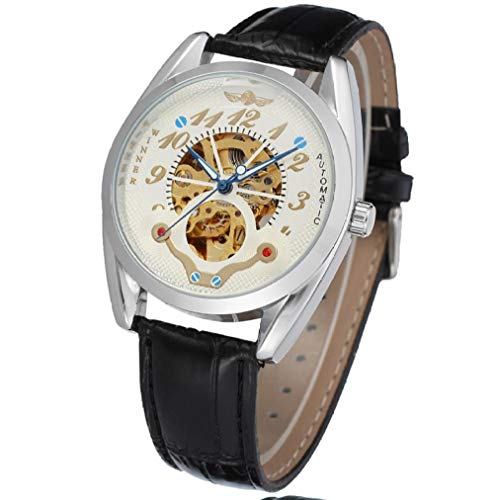 Armbanduhren,Business Mechanical Watch Lederarmband Hollow Automatic Mechanical Watch Silber-Gold-Skala