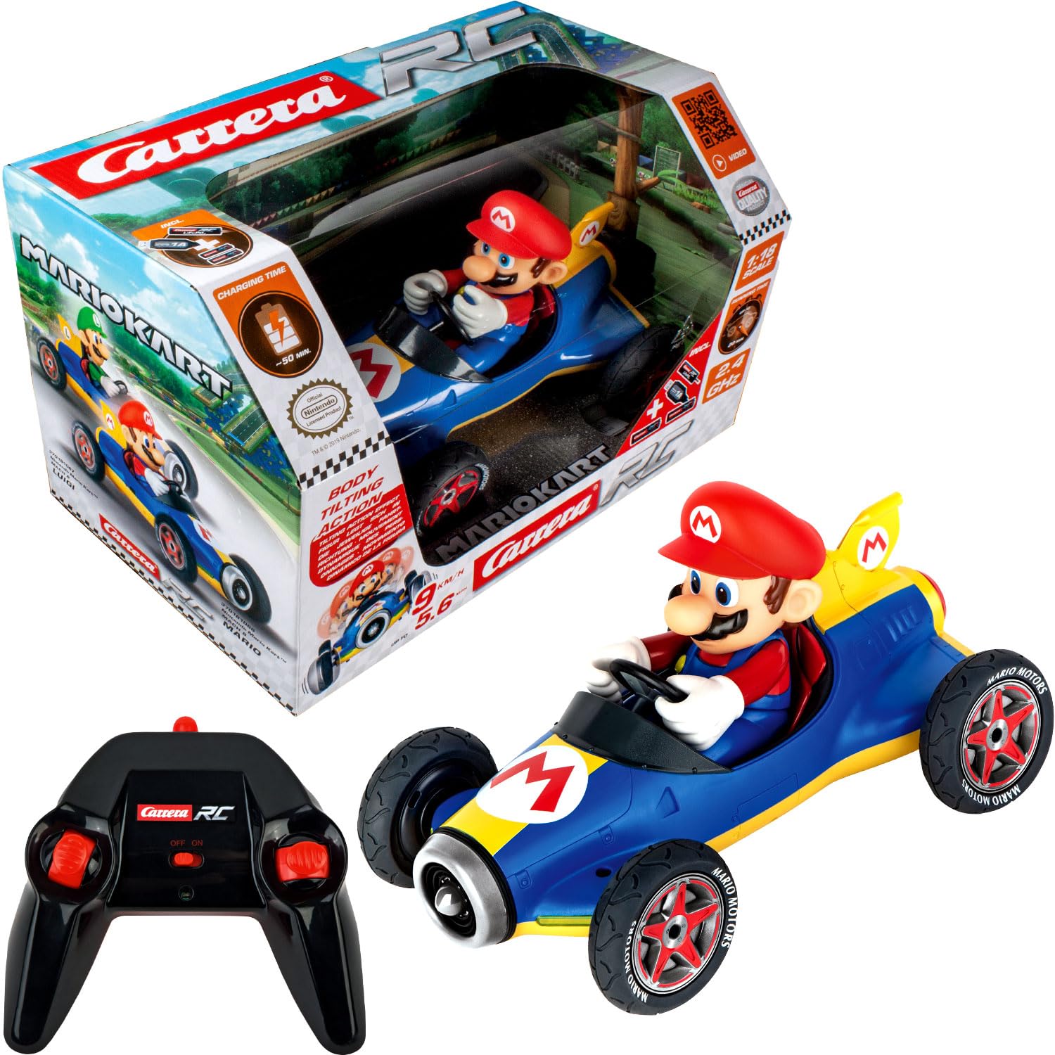 Carrera Mario Kart™ Mach 8 Mario Ferngesteuertes Auto | RC Auto | Actionreiche Rennen | 1:18 Maßstab | Bis zu 9 km/h & 20 Min Fahrzeit | Nintendo-Lizenz | Duelliere dich mit Freunden | Ab 6 Jahren