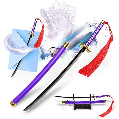 Bleach - Toshiro Hitsugaya Schwert, Anime Katana, Brieföffner Schwert mit Scheide & Ständer, 23,5 cm, Mini Samurai Schwert, Bleach, Zanpakuto, Schlüsselanhänger, Anime Geschenk