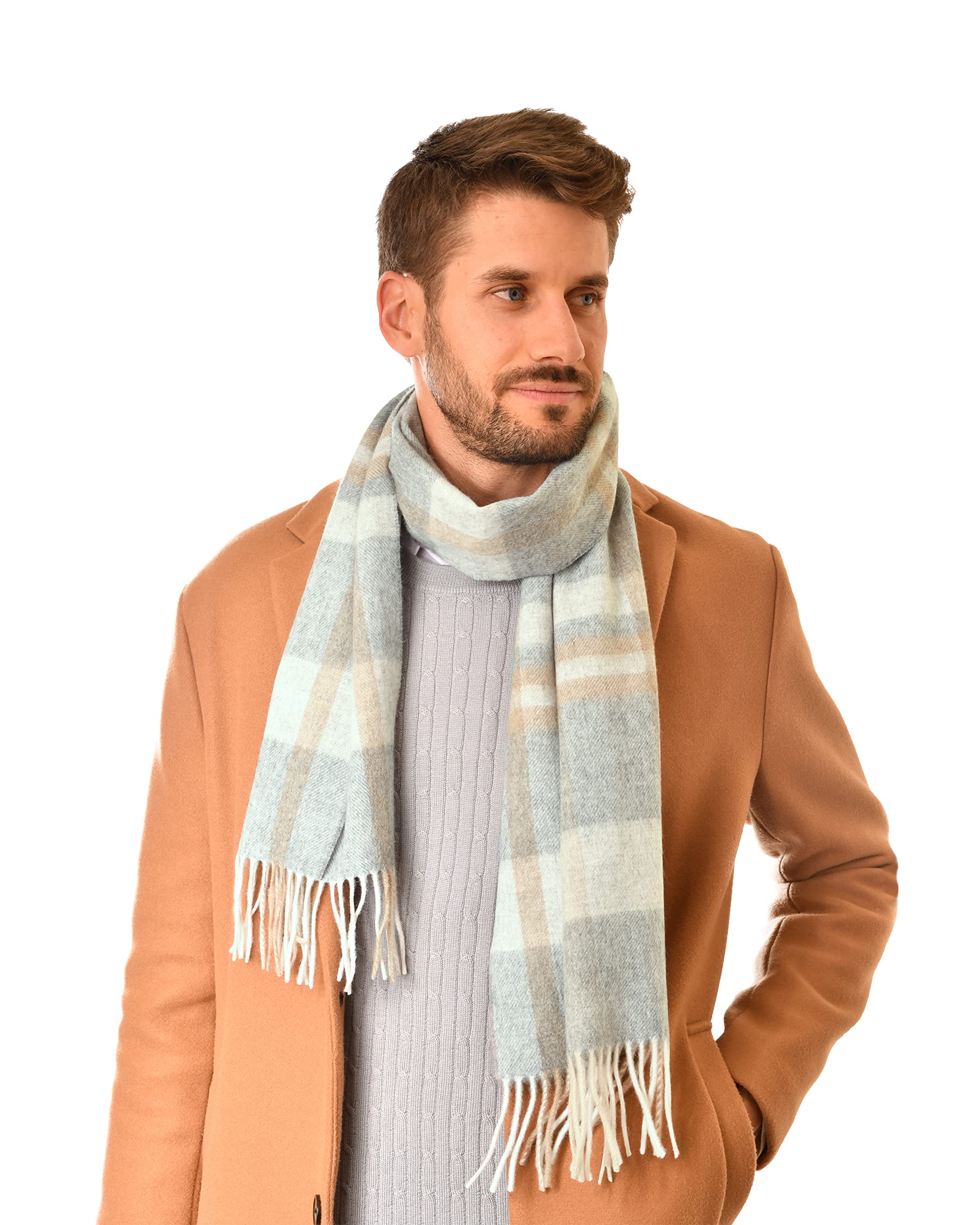 MayTree Kaschmir-Schal in verschiedenen Farben Herren und Damen, Unisex Woll-Schal aus 100% Kaschmir, einfarbig und kariert, 180 x 30 cm (grau beige kariert)