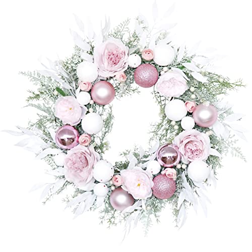ZXCFTG 54,9 cm Rosa Künstlicher Weihnachtskranz Fichte Weihnachtskranz mit Dekoration Kugeln Blumenkranz für Türen Fenster Wände Kamine