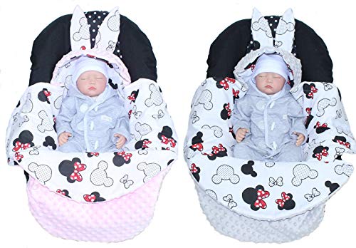 PRIMAWELA® Baby HASE- Einschlagdecke MINKY -MÄUSCHEN - mit Kapuze Babyschale Decke (Mit Grau)