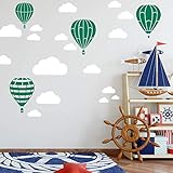 Heißluftballon & Wolken Aufkleber Wandtattoo Himmel | Wandbild 6x DIN A4 Bögen | Sticker Kinder Kinderzimmer Deko Ballons (Grün)