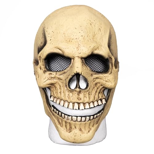 SHATCHI Totenkopf Maske Gruselige Halloween 3D Vollkopf Schädel Maske mit beweglichem Kiefer Gruseliger Latexhelm mit beweglichem Mund Horror Zombie Gesicht Sensenmann Verkleidung für Erwachsene Party