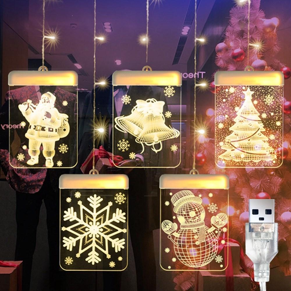 DC5V USB Weihnachtsmann + Glocke + Weihnachtsbaum + Schneeflocke + Schneemann 3D LED Hängender Fenstervorhang Lichterket