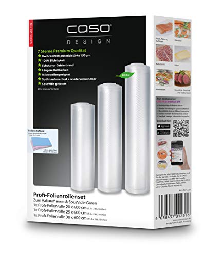 CASO Profi- Folienrollen Set 4 / 1 St. 20x600 cm, 1 St. 25x600 cm, 1 St. 30x600 cm 150µm, für Vakuumierer / Folienschweißgeräte, BPA-frei, sehr stark, reißfest, kochfest, 1231