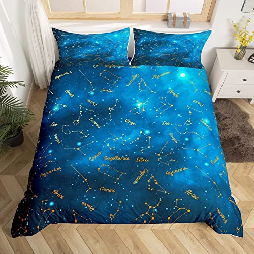 3D Blauer Raum Bettwäsche 150x200 Sternbilder und Zodiakus Weiche Bettwäsche-Sets Mikrofaser 3 Teilig Bank-Sterne Bettbezug Set und 2 Kissenbezug 80x80 cm mit Reißverschluss