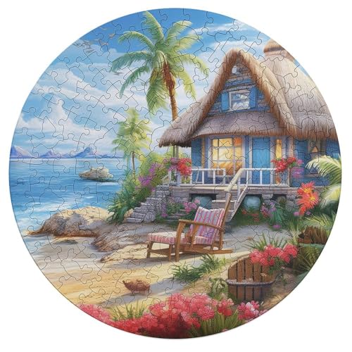 Puzzles Für Erwachsene, Strand Cottage Puzzle, 195 Teile, Kreatives Puzzle, Geistiges Spielzeug, Kinder, Montagespiele （42×42cm）