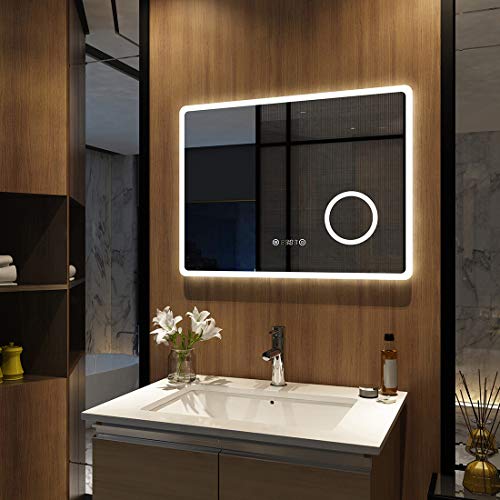 Meykoers Wandspiegel Badezimmerspiegel LED Badspiegel mit Beleuchtung 90x70cm Spiegel mit Vergrößerung, Touch-Schalter, Uhr, Beschlagfrei, Lichtspiegel Kaltweiß 6400K