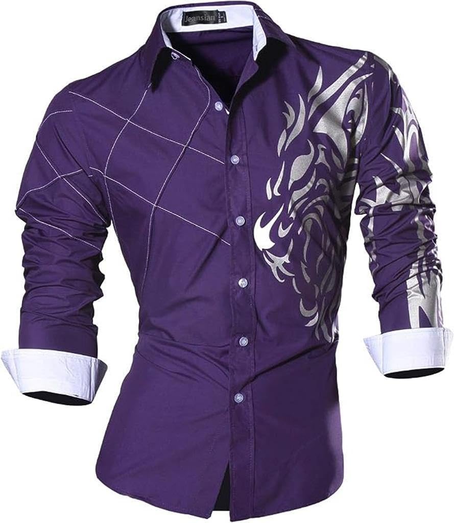 jeansian Herren Freizeit Hemden Shirt Tops Mode Langarmlig Men's Casual Dress Slim Fit Z001 Purple L