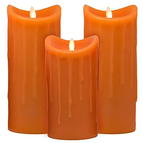 Tronje LED Echtwachskerzen 3er Set mit Timer - 18/23/23 cm Kerzen Orange Wachstropfen mit beweglicher Flamme