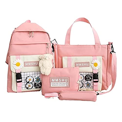 4-Teiliges Rucksack-Set, für Teenager,Kawaii Schultaschen Set,Robust, Wasserdicht, Schulranzen-Sets mit Bären-Anhänger,Laptop Canvas Schultaschen (Rosa)