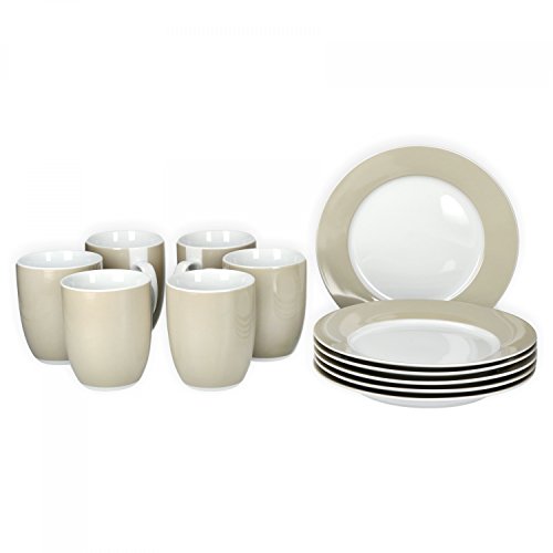 Van Well Frühstücksset 12-TLG. für 6 Personen Serie Vario Porzellan - Farbe wählbar, Farbe:beige