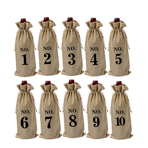 PRETYZOOM Sackleinen Weinbeutel Kordelzug Blindverkostung Nummerierte Weinflasche Geschenkbeutel Hochzeit Leinen Weinbeutel Vintage 10 Stück (Nummer 1-10)