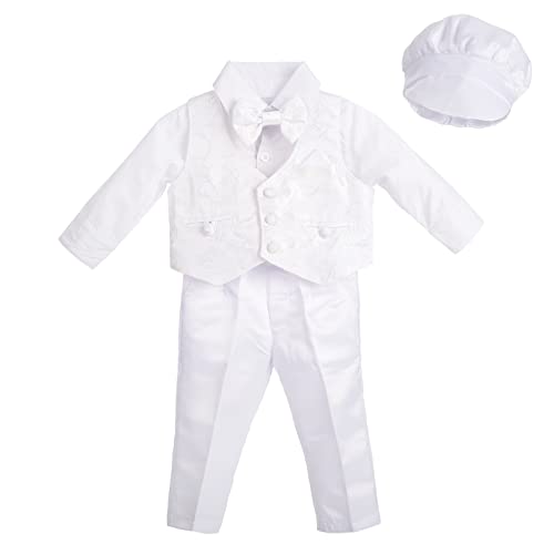 Lito Angels Baby Jungen 4 Teiliges Weißer Anzug Set mit Jacquard Weste zur Taufe/Hochzeit, Taufkleidung Taufanzug Hochzeitsanzug, Größe 12-18 Monate 86