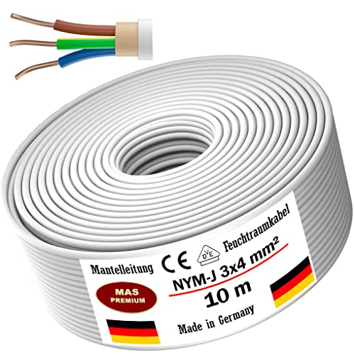 Feuchtraumkabel Stromkabel 5m, 10m, 20m, 25m, 50m oder 100m Mantelleitung NYM-J 3x4 mm² Elektrokabel Ring für feste Verlegung (10 m)