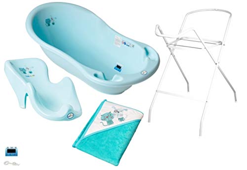 4er Set Baby-Badewanne Set ergonomische Babywanne 86 cm mit Abfluss + Ständer Gestell + Badesitz Badewannensitz + Baby-Badetuch 80x80 (4er Set, Katze und Hund Blau)