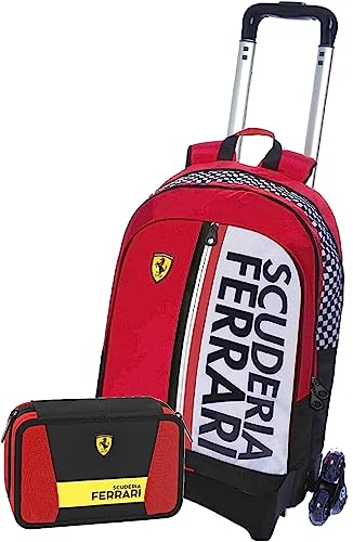 Schoolpack Trolley Ferrari, organisiert, abnehmbar, 50 x 31 x 21 cm + Etui 3 Reißverschluss + Schlüsselanhänger Würfel und Smile als Geschenk, rot, 44x30x20 cm