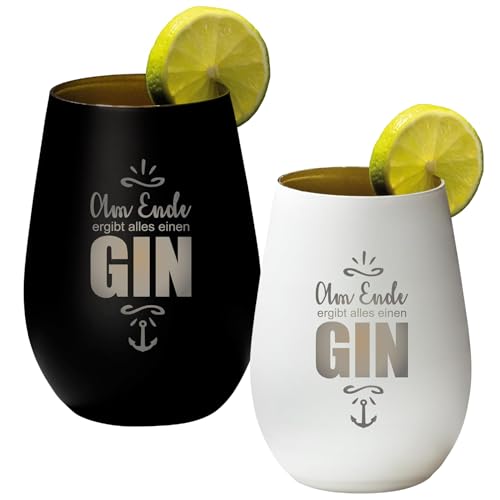 4you Design 2er Set Gin Tonic Glas mit Spruch am Ende ergibt alles einen Gin – Geschenkidee für Männer, Frauen – Tumbler-Party-Glas aus Kristallglas – sehr bruchsicher – Schwarz & Weiß – 465ml