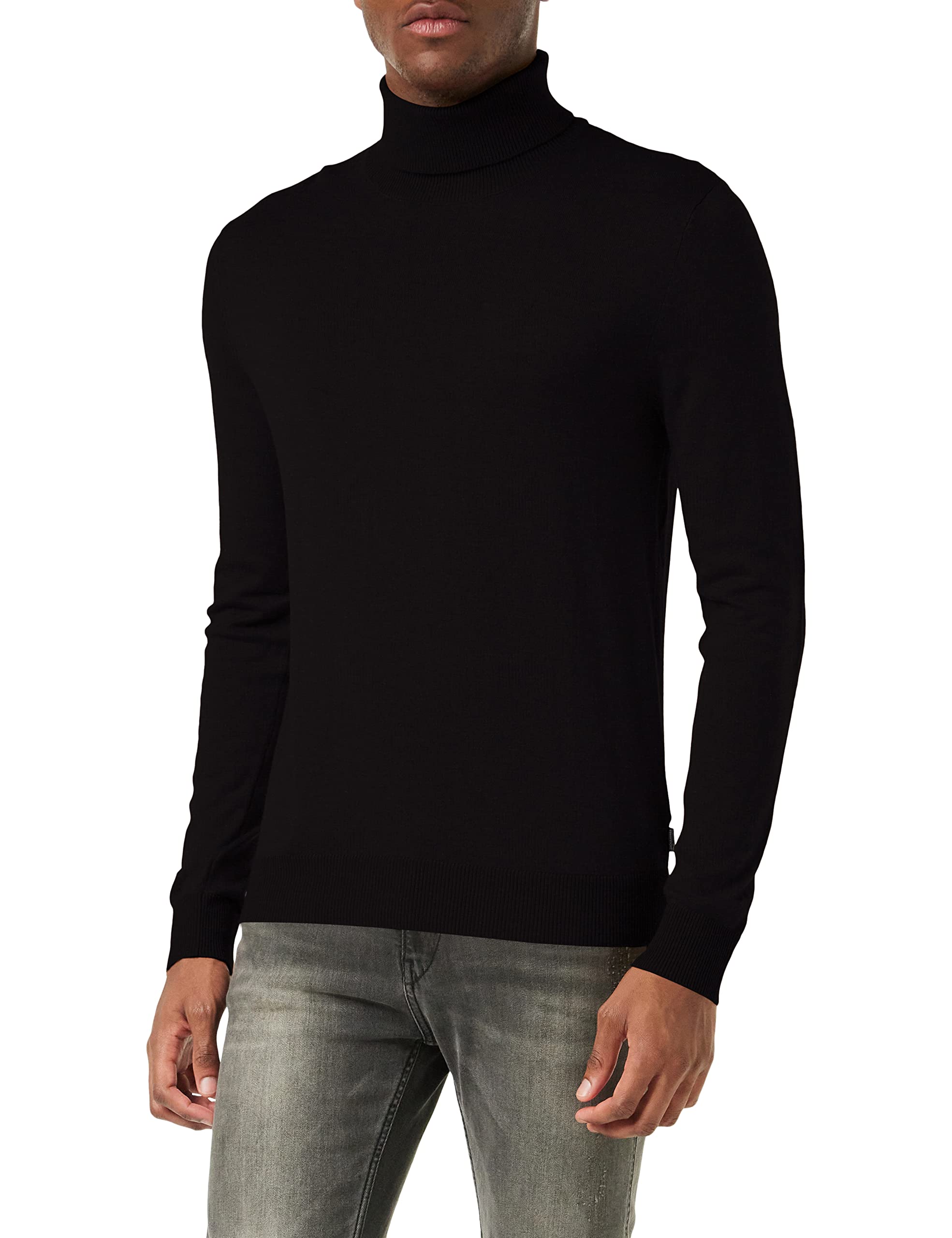 Herren Jack & Jones Dünner Rollkragen Strickpullover | Klassischer Rundhals Sweater | Langarm Basic JJEEMIL, Farben:Schwarz, Größe Pullover:XS