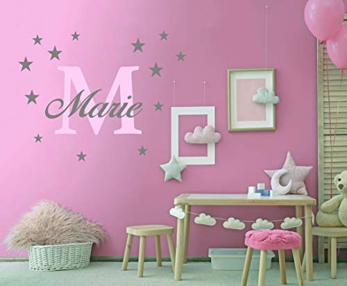Wunschname Wandtattoo mit Sterne an der Wand Wandaufkleber Wandsticker DIY Kinderzimmer Babyzimmer (40cm / 60cm, Rosa-Grau)