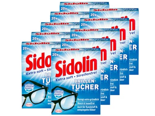 Sidolin Brillenputztücher 200 (10 x 20) Stück, feuchte Reinigungstücher für Brillen, Displays, Bildschirme, reinigen mühelos und fusselfrei, optimal für unterwegs