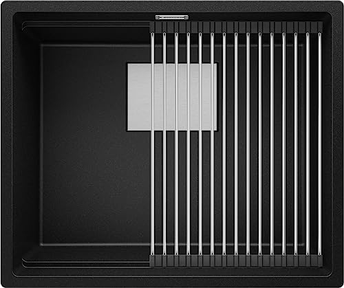 Spülbecken Schwarz 56x47 cm, Granitspüle + aufrollbare Abtropffläche + Ablauf-Set, Küchenspüle für 60er Unterschrank, Unterbauspüle von Primagran
