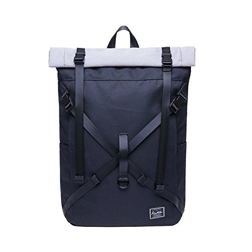 KAUKKO Rucksack Roll Top Backpack Lässiger Vintage Tagesrucksack Herren Laptop Schulrucksack fit 15" Notebook Bag für Wandern Reisen Camping (Schwarz und weiß JNL-F7-22)