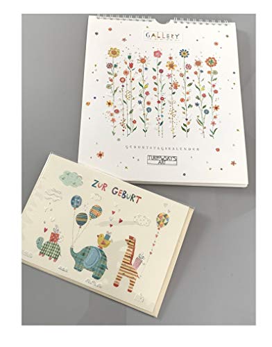 Immerwährender Kalender mit einer Glückwunschkarte zur Geburt, von TURNOWSKY, dekorativ zum Eintragen von Daten und Erinnerungen, optimal kombiniert mit Grußkarte zur Geburt"Tierparade" mit Umschlag