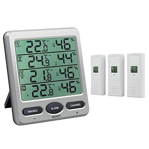 Neoteck LCD Thermometer Hygrometer mit 3 Fernbedienungssensoren Indoor/Outdoor Feuchtigkeit Temperatur Min/Max-Wert Alarm für Klimaanlagen,Büro,Hotel,Krankenhaus,Labor,Farm,Industrie usw.