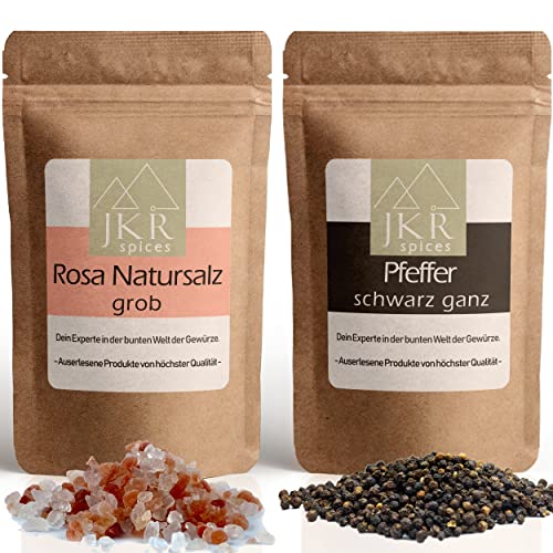 JKR Spices Schwarzer Pfeffer ganz + Rosa Natursalz grob - Kombi Angebot - je 1kg (2x1000g) | ganze Körner + Salz für Pfeffermühle | 100% natürlich