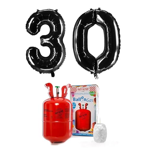 PARTY FACTORY Helium Set "30" mit XXL Zahlenballons, Ballongas und Ballonschnur - für Geburtstag, Jubiläum, Jahrestag; Gold, Silber, Schwarz, Pink, Rosa, Rosagold, Bunt (Schwarz)