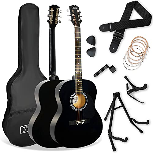 3rd Avenue 4/4 Akustikgitarren-Set für Anfänger mit Gigbag, Plektren, Ersatz-Saiten, Ständer, Gurt, Stimmgerät, Kapodaster und Saitenkurbel – Schwarz, 0, Akustik