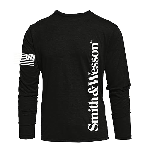 Smith & Wesson Offiziell lizenziertes Herren-T-Shirt aus Baumwolle, langärmelig, S&W vertikales Logo & American Flag Arm Logo Tee, Schwarz, XL