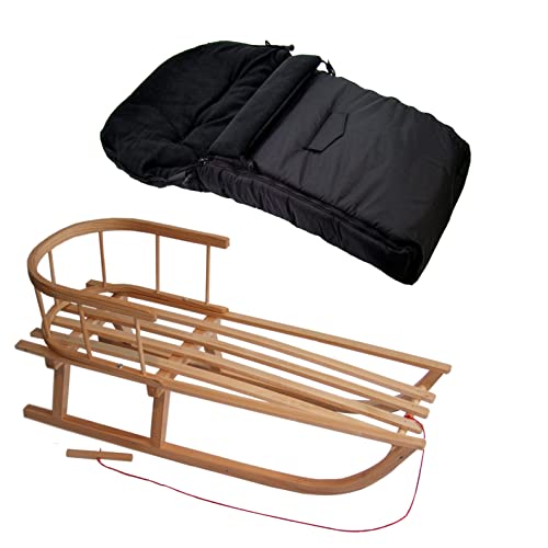 Kombi-Angebot Holz-Schlitten mit Rückenlehne & Zugseil + universaler Winterfußsack (90cm), auch geeignet für Babyschale, Kinderwagen, Buggy, Thermofleece Uni (schwarz + Schlitten)