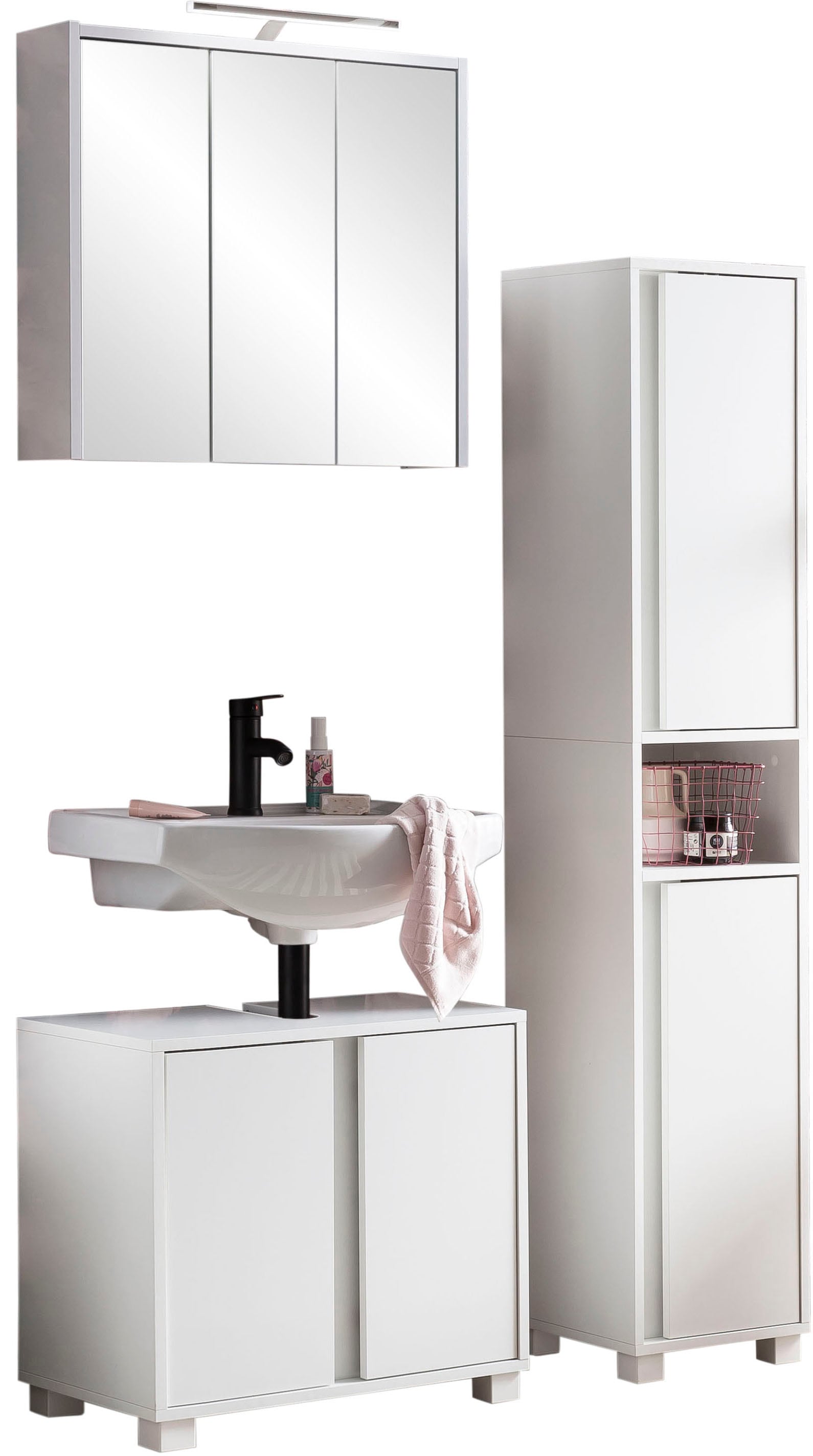 INOSIGN Badmöbel-Set "Dex", (3 St.), bestehend aus Waschbeckenunterschrank, Hochschrank, Spiegelschrank