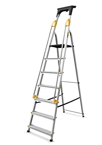 Drabest Alutrittleiter 7 Stufen Leiter Tritt Klappbar mit Sicherheits Handläufen Stehleiter bis 150 kg belastbar