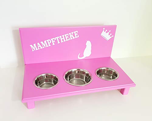 Jennys Tiershop Futterbar. Katzen Napf, Mampftheke. Napfhalter für Katzen. Futterbar Katze in rosa. 2 x 350/1 x 750 ml Edelstahlnäpfe (fe)
