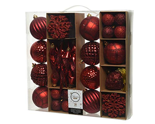 Decoris 50er Set bruchfeste Weihnachtskugeln rot aus Kunststoff für innen und außen