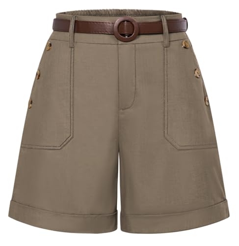 Damen Kurze Hose Hotpants Sommer Bermuda Shorts High Waist Shorts mit Tashcen Khakibraun M