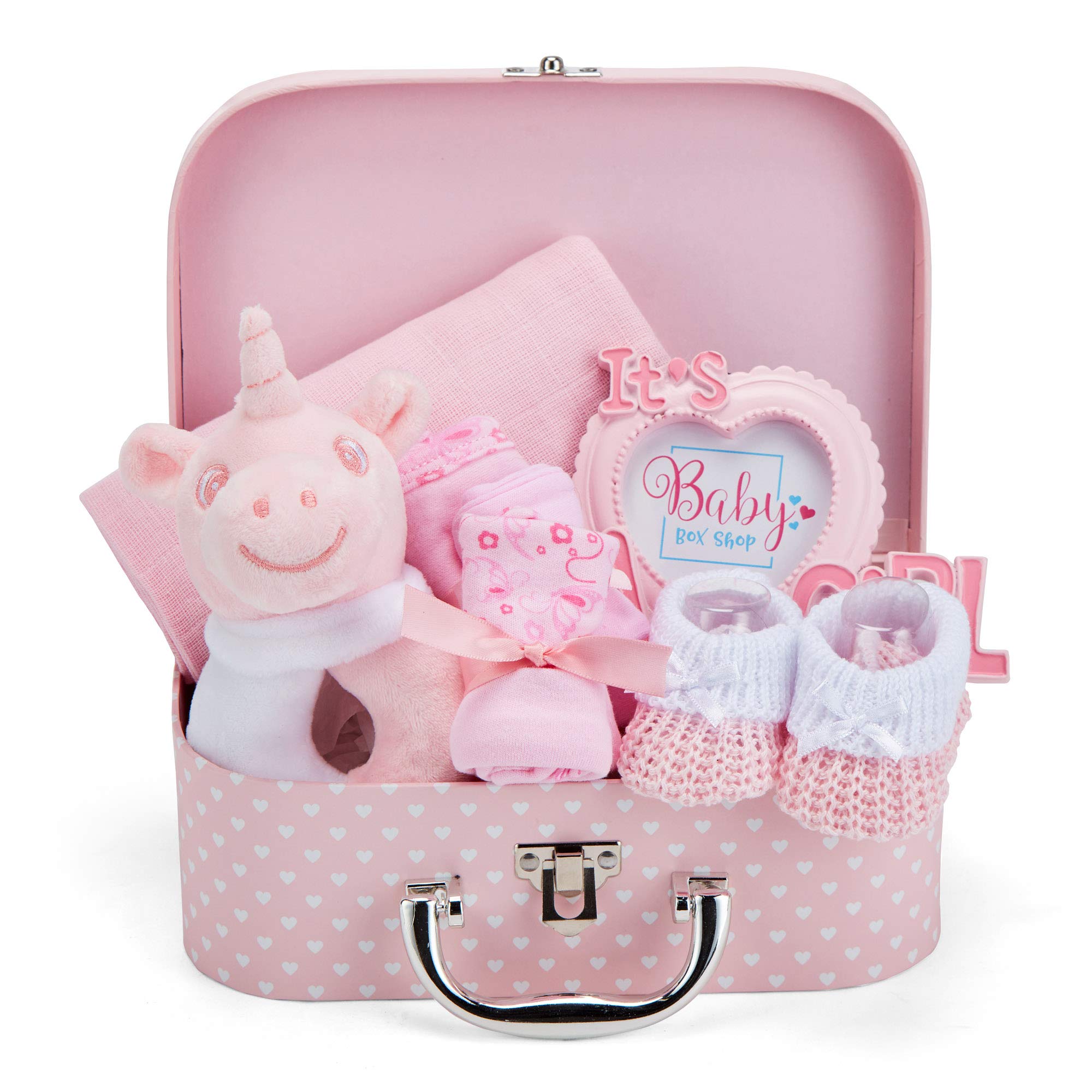 Box Shop Babyparty Mädchen Geschenk - 7 Baby Geschenkset, Für Neugeborenes, Zur Geburt - Rosa,