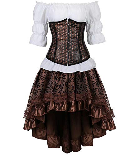 Steampunk Corsagenkleid Leder Unterbrust Corsage Korsett Kostüm Kleider Rock Schädel Bluse Halloween Piraten Blau 6XL