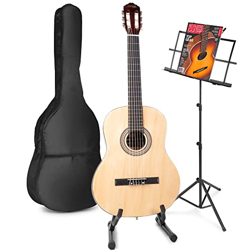 MAX SoloArt akustische Gitarre mit Tasche, Notenständer und Gitarrrenständer, Stimmgerät, Plektrum, Gurt und Zubehör - Spanische Akustik-Gitarre für Anfänger, Konzertgitarre in Holz-Natur