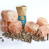 BIOMOND Salzleckstein Kristallsalz 6er-Set (je Stein 2-3 kg) Minerallecksteine mit Kordel / Gratis Bio Leinsamen Pellets BIOMOND 15 kg