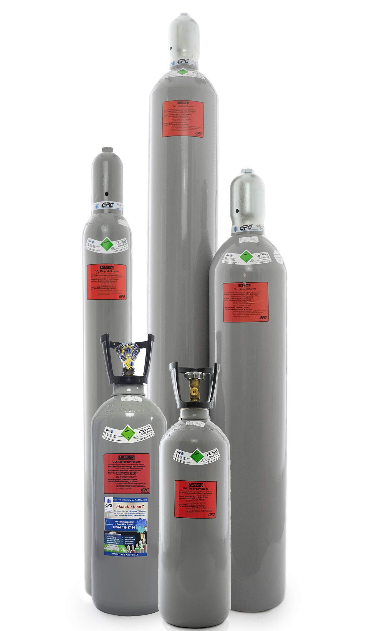 CO2 Flasche mit Steigrohr/Tauchrohr, gefüllt mit Kohlendioxid lebensmittelgeeignet "E290" (10 kg CO2 Flasche (kurz) mit Steigrohr)