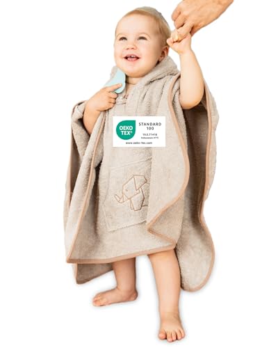 ULLENBOOM Badeponcho Baby, Frottee aus 100% Baumwolle (OEKO-TEX zertifiziert) und Made in EU - Ideal als Badetuch und Bademantel für Kinder und Babys von 1-3 Jahren, Sand Beige