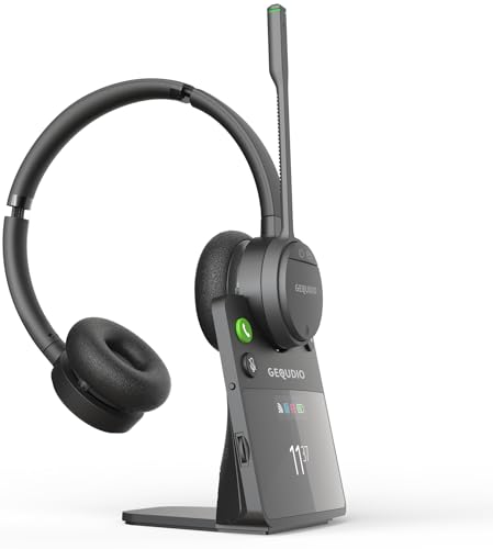 GEQUDIO GC-4 DECT und Bluetooth Dual Headset mit Active Noise-Cancelling und hybrider Geräuschunterdrückung, 2-Ohr mit Basisstation - Kabellos am Tischtelefon und PC