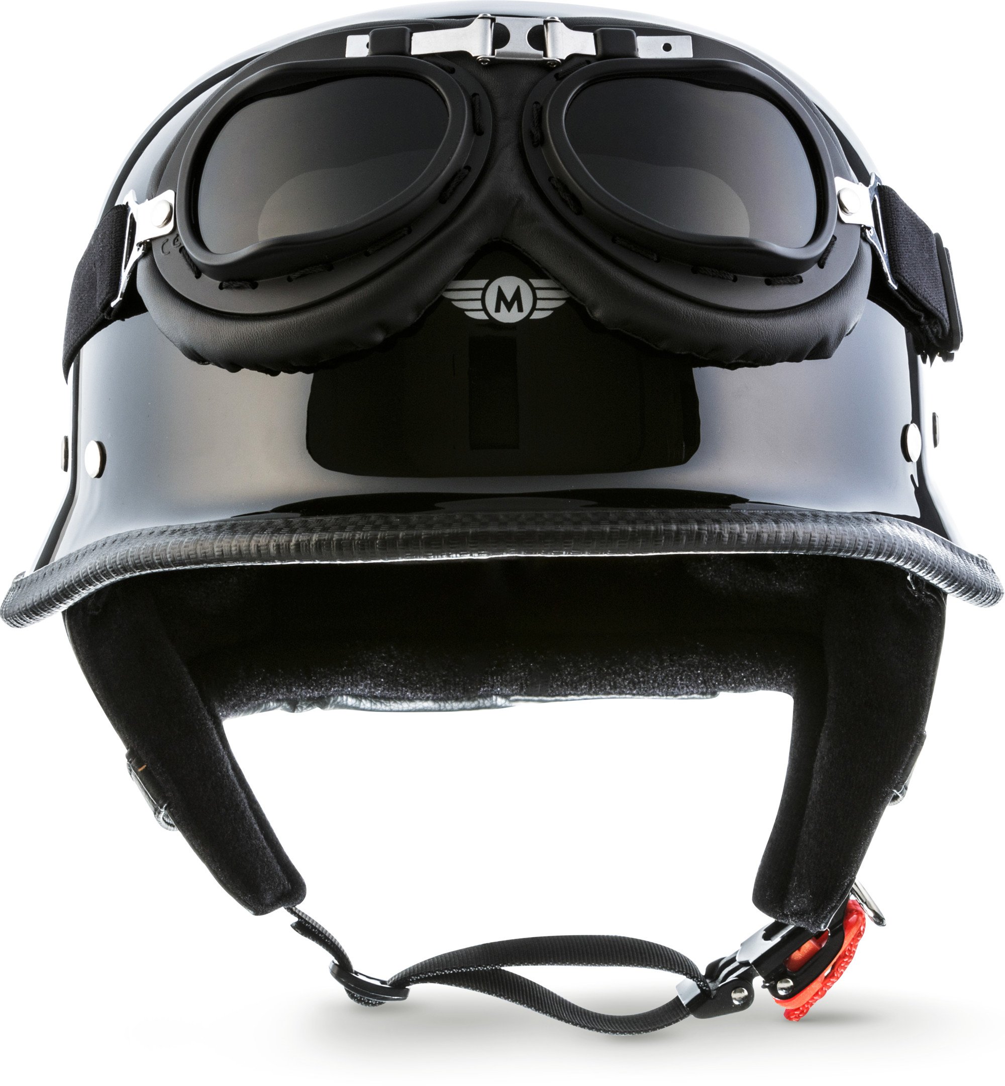 Moto Helmets® D33-Set „Black“ · Brain-Cap · Halbschale Jet-Helm Motorrad-Helm Roller-Helm Scooter-Helm Bobber Mofa-Helm Chopper Retro Cruiser Vintage Pilot Biker Helmet Brille Visier · S (55-56cm)